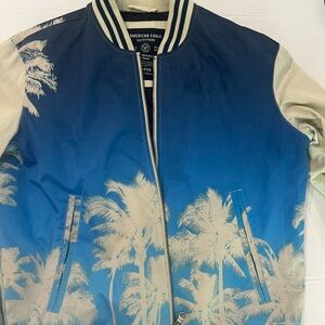 American Eagle Outfitters Blue and Cream Palm-Print Bomber Jacket